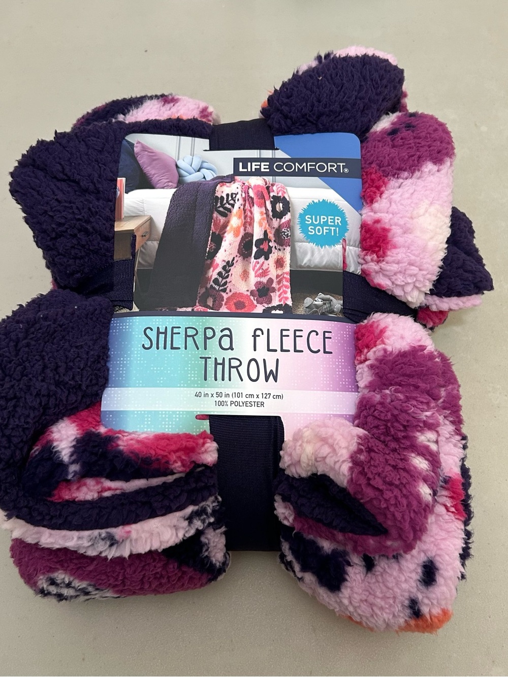 Life Comfort Kids Sherpa Fleece Throw 40 x 50 Purple Pink Floral NEW